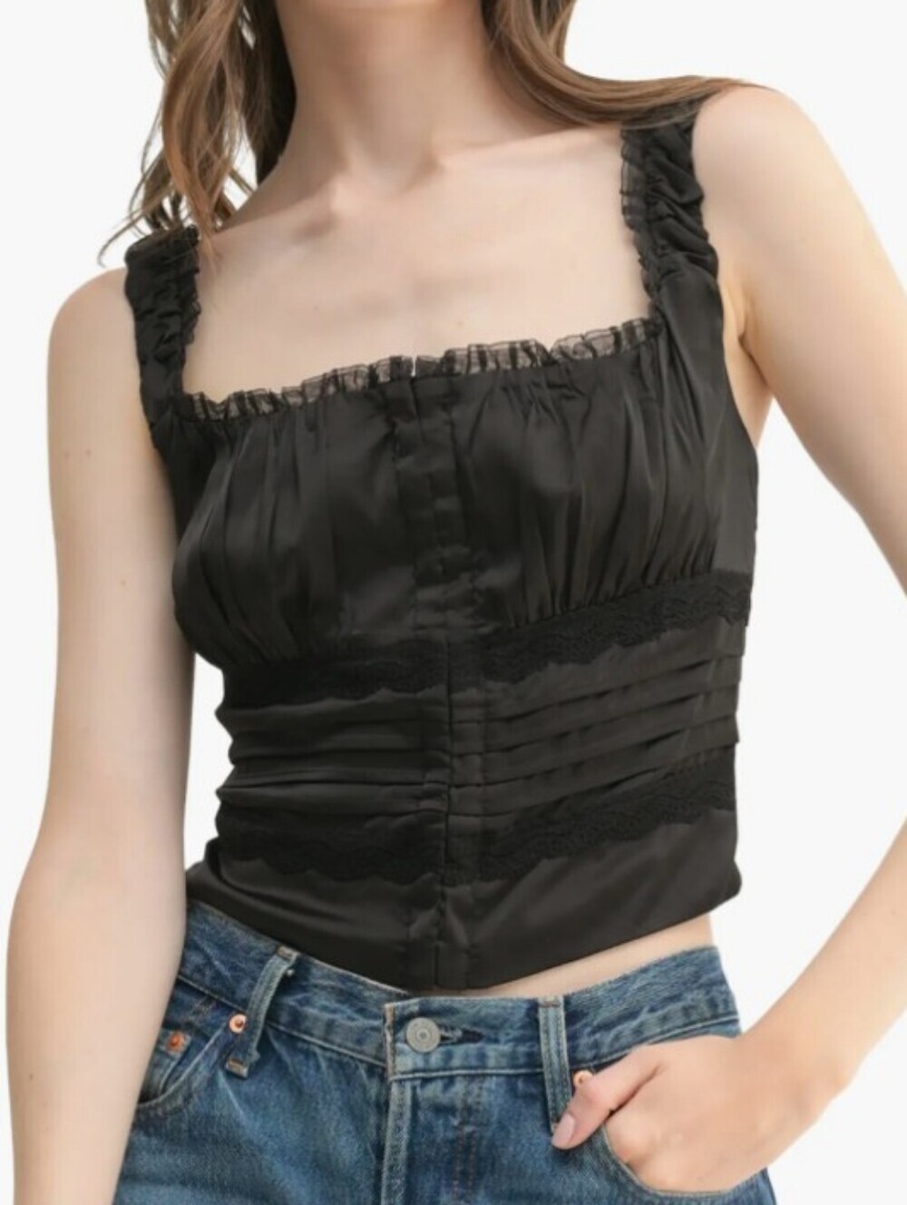 All in Favor Black Ruffled Square-Neck Camisole